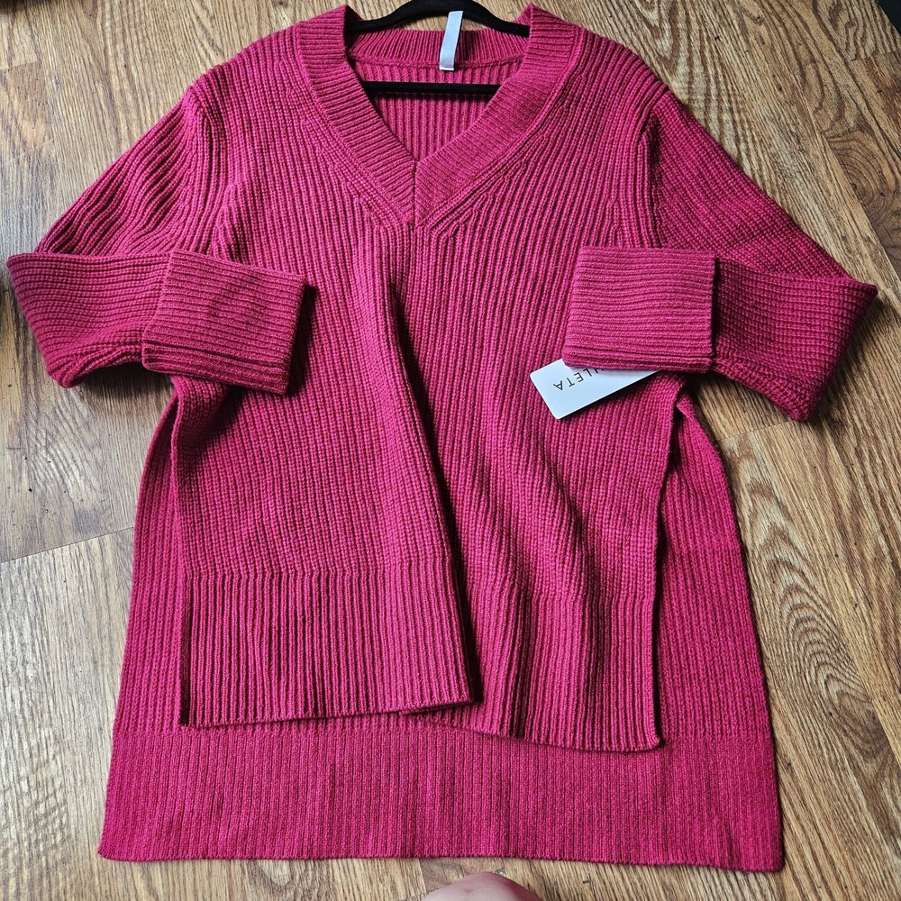 Athleta Shasta V-Neck Tunic Sweater Pink Wool Blend Oversized Ribbed Chunky Knit